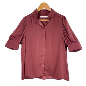 Calvin Klein Rich Burgundy Blouse Stand Collar Puff Sleeve Woman’s XL